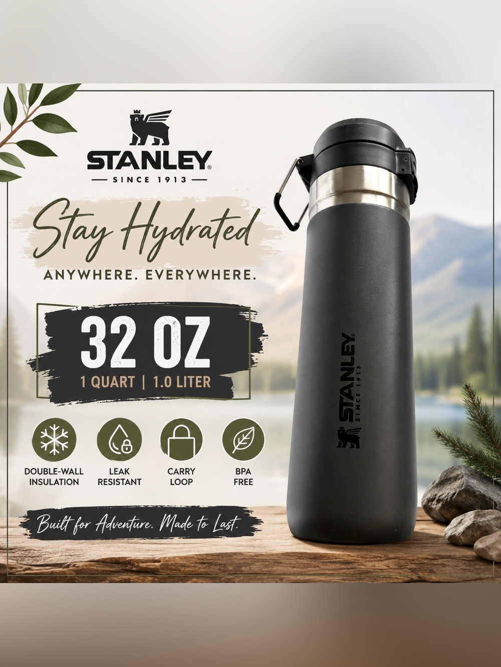 Stanley 32 oz Insulated Stainless Steel Water Bottle Charcoal Gray Leakproof